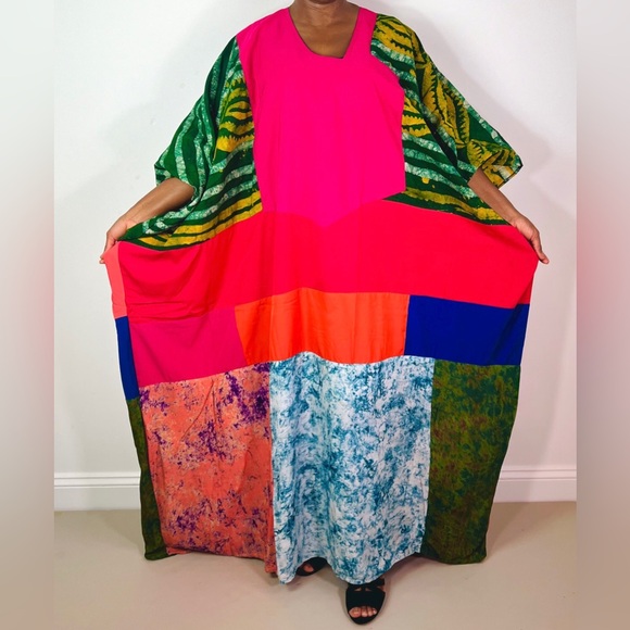African Print Ankara Multicolor Patchwork Mixed Print Colorful Kaftan Maxi Dress - Picture 6 of 11